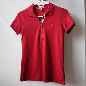 XS Red Burberry Polo with Metal Buttons and Embroidered Logo